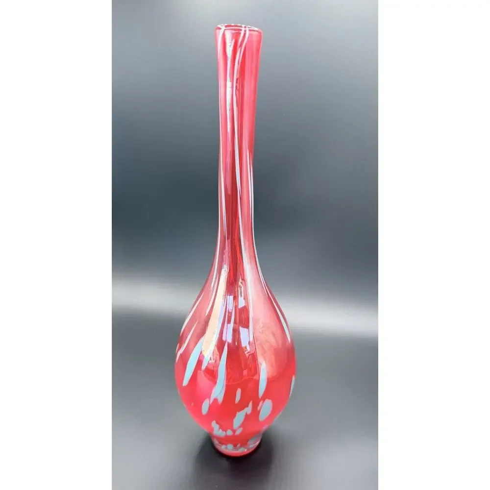 Vintage Red Swung Art Glass Vase Blue Applied Dots MCM Blown Glass 15.5”
